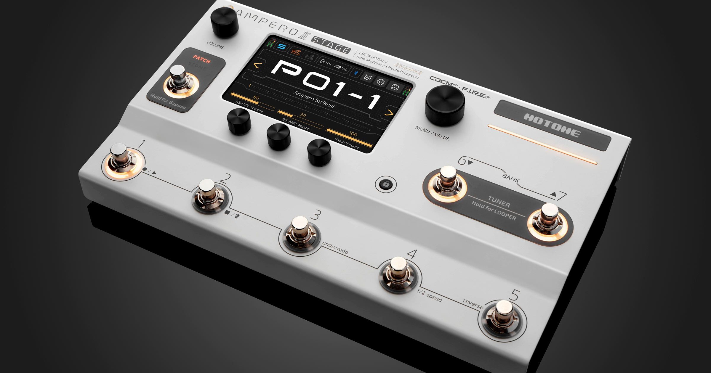 HOTONE AMPERO II STAGEは、最新のトリプルコアデジタルプラットフォームと高音質なESS® Sabre®シリーズのAD/DAコンバーターを搭載し、400種類以上のエフェクトとアンプモデルを提供する高性能マルチエフェクターです。