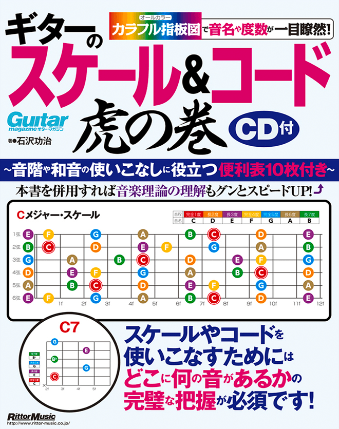 石沢功治氏の「ギターのスケール&コード虎の巻」は、ギタリストがスケールとコードを色分けされた指板図で直感的に理解できるように設計された実践的な教材です。