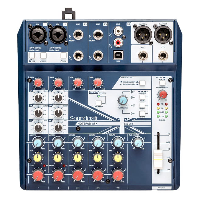 Soundcraft Notepad-8FXは、プロフェッショナルグレードのアナログコンポーネントとUSBオーディオインターフェース、Lexiconエフェクトを搭載したデスクトップサイズのアナログミキサーです。